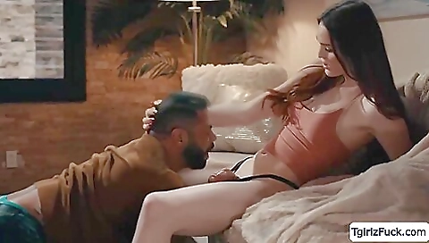 Brunette with big tits gives deepthroating and rimming