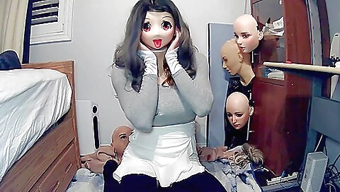 Sexy girl with mask and wig is playing with her body