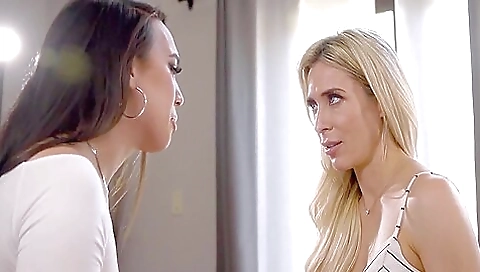 A brunette babe is getting a facial shot on camera