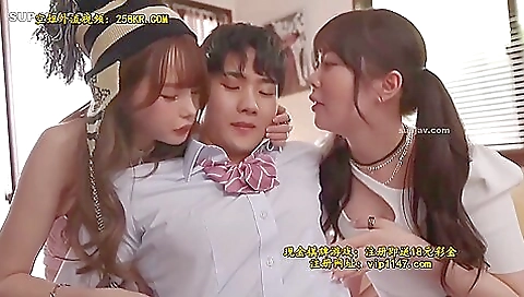 Teen lesbians play with a guy and have lesbian sex