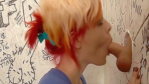 Blonde trans slut gets her pussy pounded in the hot glory hole