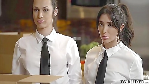 Hot teen shemale gets fucked in a three way threesome