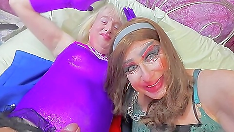 Blonde and brunette in lingerie deepthroat and facial