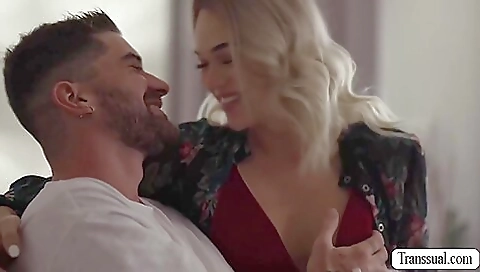 Blonde shemale fucks big cock in her asshole and mouth